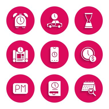 Alarm saati uygulamasını ayarla, kitap zamanı, takvim araması, para, gündüz zamanı, proje planı, kum ve simgeli eski kum saati. Vektör