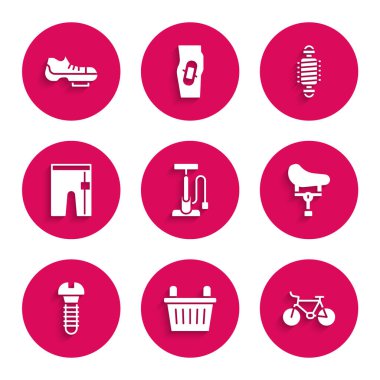 Bisiklet pompasını, sepeti, koltuğu, metal vidayı, bisiklet şortunu, süspansiyonu ve ayakkabı ikonunu ayarlayın. Vektör