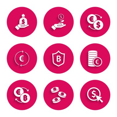 Shield 'ı bitcoin ile ayarla, madeni para doları, euro sembolü, kripto döviz değişimi, Para ve El çanta ikonu. Vektör