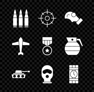 Mermi, hedef sporu, gaz maskesi, askeri tank, kar maskesi, dinamit ve zamanlayıcı saat, jet dövüşçüsü ve ödül ikonu. Vektör
