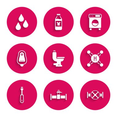 Klozet, sanayi borusu ve valf, su musluğu, tornavida, pisuar, çamaşır makinesi ve ikonu hazırla. Vektör