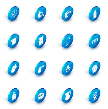 Damla ve büyüteç, su musluğu, bir şişe su, sürahi, damla, cam, filtre ve ikon. Vektör