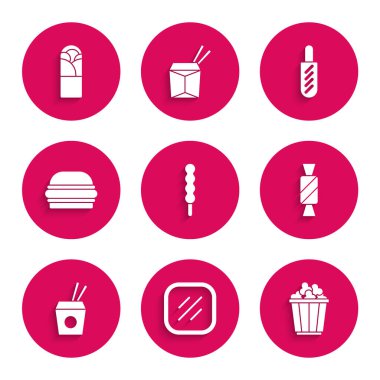 Lolipop, biftek, kutuda patlamış mısır, Candy, Asya eriştesi çubukları, Burger, Hotdog sandviçi ve Doner kebap ikonu. Vektör