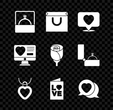 Elmas nişan yüzüğü, alışveriş çantası, kalp şeklinde kolye, sevgililer günü parti broşürü, kalp konuşma balonu, internetten randevu uygulaması ve çiçek gül ikonu. Vektör