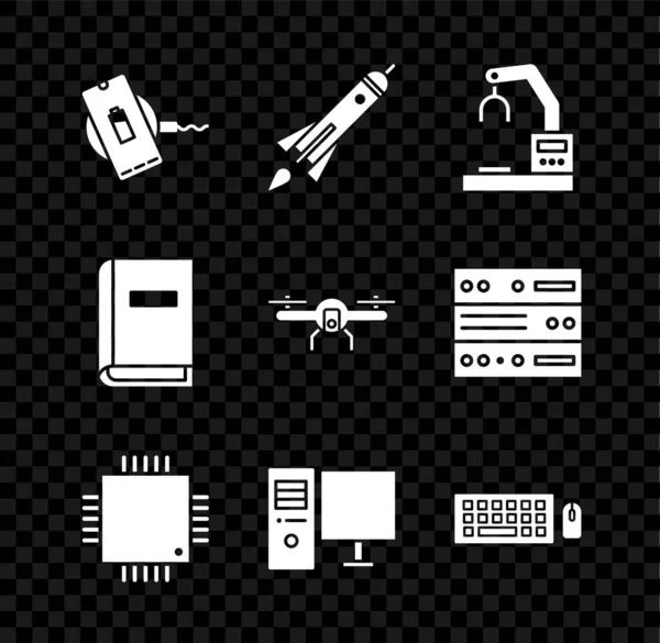 Kablosuz şarj aleti, roket gemisi, robotik robot kol el fabrikası, işlemci mikrodevreleri işlemci işlemcisi, bilgisayar monitörü, klavye faresi, kullanıcı kılavuzu ve İHA uçan ikonu ayarlayın. Vektör — Stok Vektör
