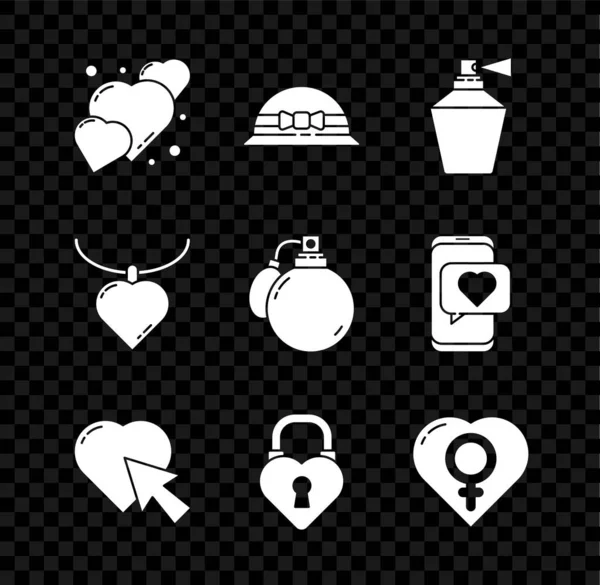 Set Heart, Chapeau élégant pour femme, Parfum, et clic curseur, Château en forme de coeur, Sexe féminin, Collier avec pendentif et icône en forme. Vecteur — Image vectorielle