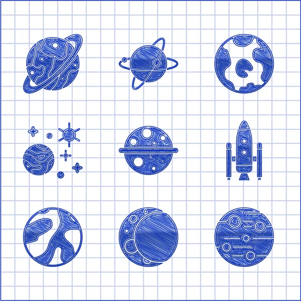 행성 토성, 달, 화성, 우주 왕 복선 과 로켓, 행성, 지구 그리고 아이콘을 설정 합니다. Vector — 스톡 벡터