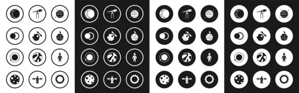 Planeta Venus, satélites orbitando el planeta Tierra, eclipse de sol, luna, con bandera, telescopio, astronauta e icono. Vector — Archivo Imágenes Vectoriales