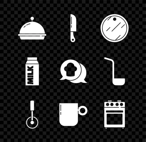 세트 음식 , Knife, Cutting board, Pizza knife, Coffee cup, Oven, Paper package for milk and Chef hat speech bubble icon. Vector — 스톡 벡터