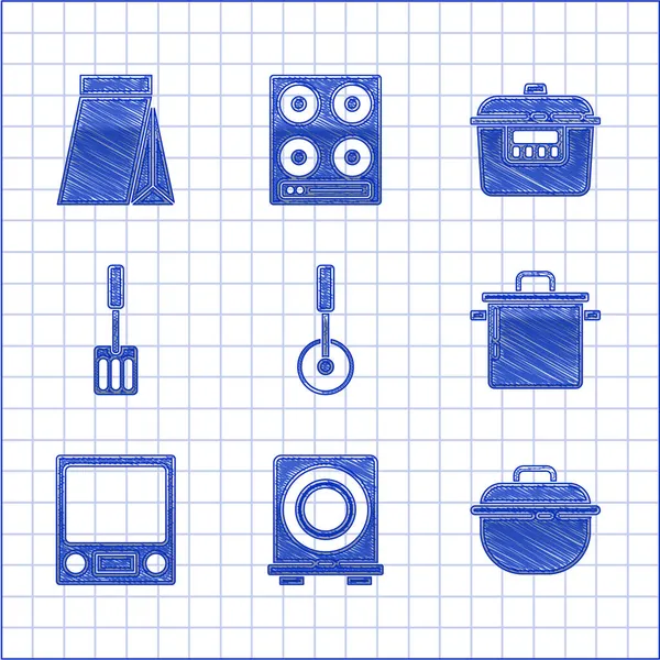 ピザナイフ、電気ストーブ、調理ポット、電子スケール、スパチュラ、スロークッカー、コーヒー豆のアイコンの袋を設定します。ベクトル — ストックベクタ
