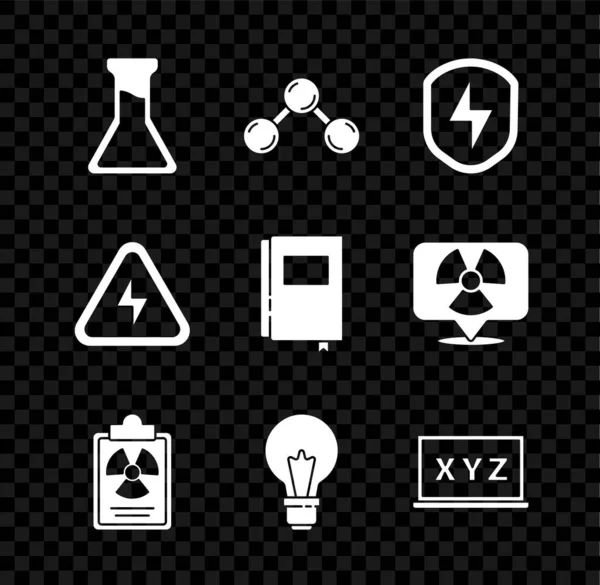 Набор пробирки и колбы, молекулы, защищенный щит с молнией, радиационный предупреждающий документ, идея лампочки, XYZ координатной системы, высокого напряжения и значок книги. Вектор — стоковый вектор