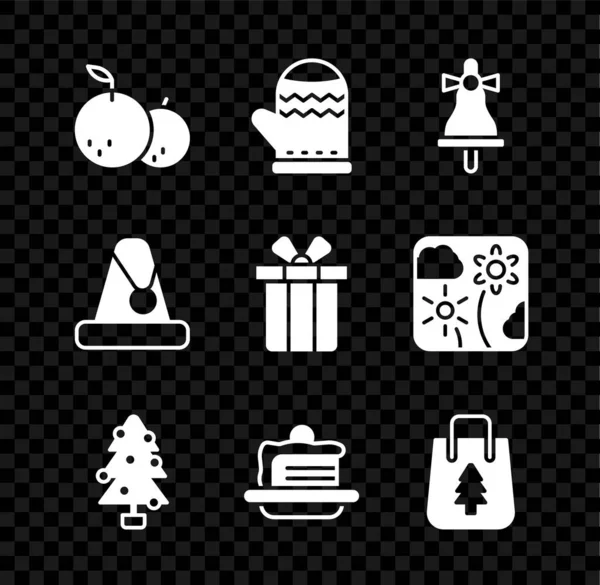 Set Tangerine, vánoční rukavice, Veselé zvonění zvonek, strom, dort, nákupní taška, Santa Claus klobouk a ikona dárkové krabice. Vektor — Stockový vektor
