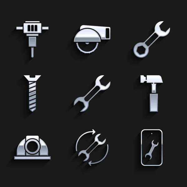 Set moersleutel, en pijlen als workflow, Mobiele service, Hamer, Worker veiligheidshelm, Metallic schroef, en Construction jackhammer icoon. Vector — Stockvector