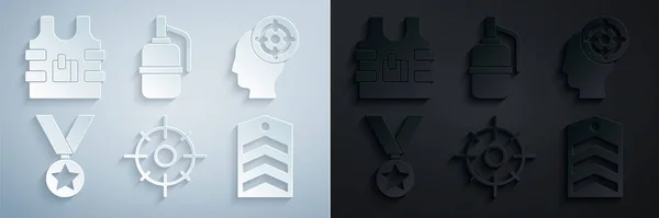 Set Target sport, Military reward medal, Chevron, Hand grenade and Bulletproof vest icon. Vector — Stock Vector