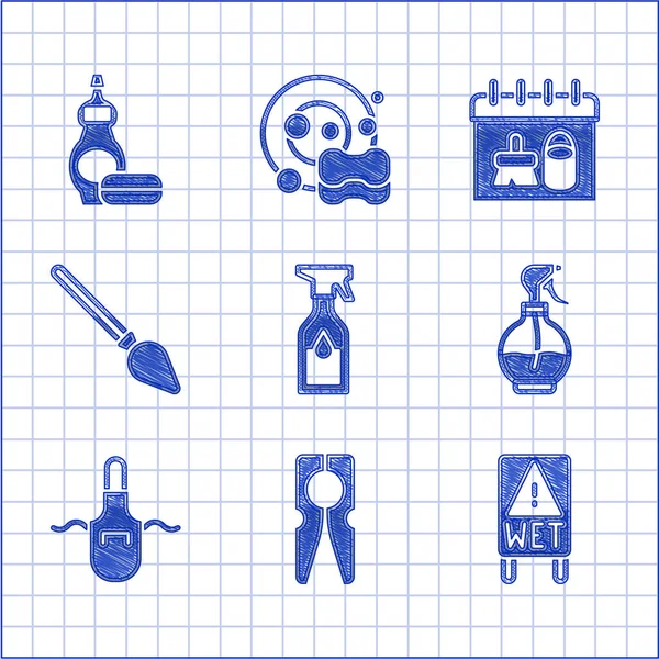 Set Botella pulverizadora de limpieza, Perno de ropa, Suelo húmedo, Agua, Delantal de cocina, Escoba de manija, calendario e icono del líquido para lavavajillas. Vector — Vector de stock