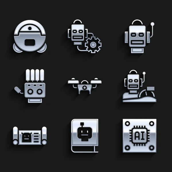 Set Drone, Användarmanual, Processor med mikrokretsar CPU, Robot humanoid körning bil, ritning, Mekanisk robot hand, och dammsugare ikon. Vektor — Stock vektor