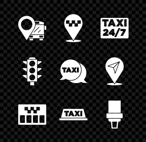 Set Location with bus, taxi, Taximeter, car roof, Safety belt, Traffic light and call telephone service icon. Vector — Stock Vector