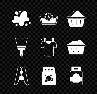 Su dökülmesi, zaman temizleme, sabun köpüklü leğen, çamaşır tokası, çamaşır deterjanı, pencereler için lastik temizleyici ve kurutma ikonu. Vektör