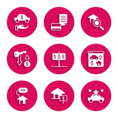 House 'u dolarla, araba paylaşımıyla, online gayrimenkulle, kira anahtarıyla, arama eviyle ve kira ikonuyla ayarla. Vektör