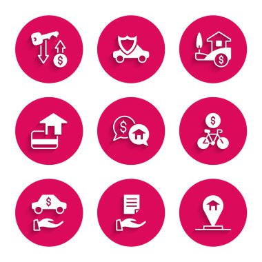 Price pazarlığı, ev sözleşmesi, konum evi, bisiklet kiralama mobil uygulaması, araba, kredi kartı, dolar ve kira anahtar ikonu. Vektör