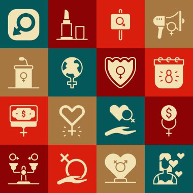 Set Love kendin, Feminizm finans, Feminist aktivist, dünya, münazara kürsüsü, erkek cinsiyeti ve cinsiyet kalkanı, kadın ikonu. Vektör