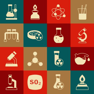 Alkol ya da ruh yakıcıyı, test tüpünü, mikroskobu, atomu zehirli sıvıyla, matarayı ve ikonu hazırla. Vektör