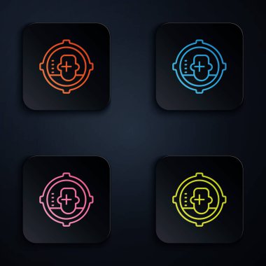 Renkli neon çizgisi Vesikalığı simgesi siyah arkaplanda izole edildi. Keskin nişancı ve nişancı adamın kafasına ateş ediyor. Ölümcül saldırı, saldırı ve suikast. Kare düğmelere simgeleri yerleştir. Vektör