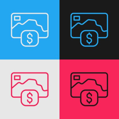 Pop sanat çizgisi kredi kartı simgesi renk arkaplanında izole edildi. Çevrimiçi ödeme. Nakit çekilmesi. Finansal operasyonlar. Alışveriş tabelası. Vektör
