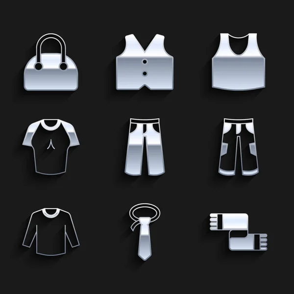 Set Pantalones, corbata, bufanda de invierno, suéter, camiseta, camiseta y bolso icono. Vector — Vector de stock