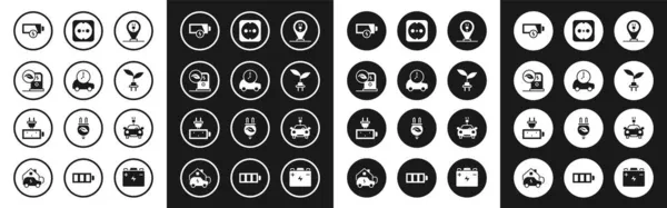 Set Charging Parkplatz Elektroauto, Elektro, Ladestation, Niedrige Batterie, sparsames Steckerblatt, Steckdose und Batterieladesymbol. Vektor — Stockvektor