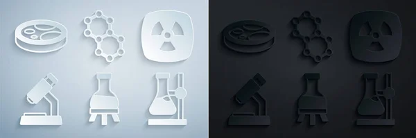 Тестова трубка, радіоактивний, мікроскоп, колба на стенді, моль і чашка Петрі з іконою бактерій. Вектор — стоковий вектор