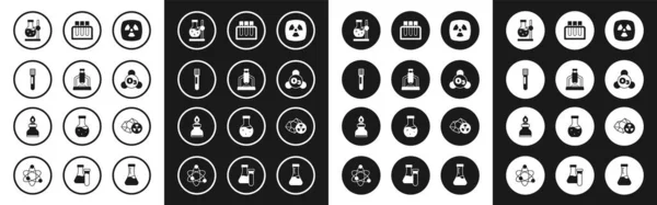 Set Radioactive, Microscope, Test tube, flask on stand, Ozone, and Alcohol or spirit burner icon. Vector — Stock Vector