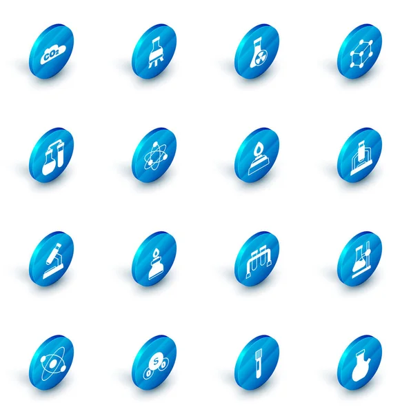 Testbuis, met giftige vloeistof, Molecule, Microscoop, Atom, en Alcohol of brander pictogram. Vector — Stockvector