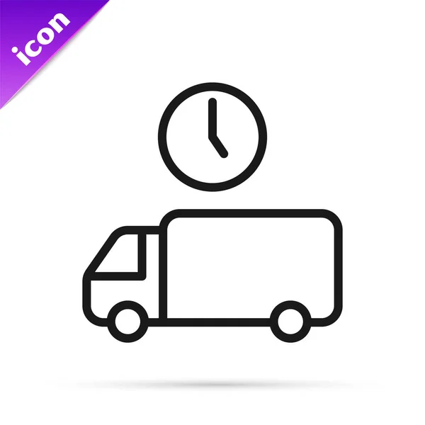 Schwarze Linie Logistik Lieferwagen und Zeitsymbol isoliert auf weißem Hintergrund. Lieferzeit-Symbol. Vektor — Stockvektor