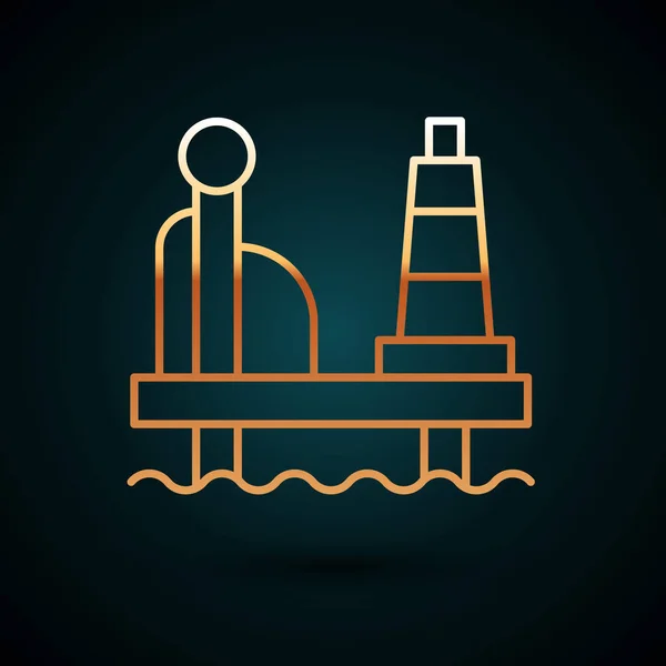 ダークブルーの背景に隔離された海のアイコン内の金線油プラットフォーム。海で掘削リグ。石油プラットフォーム、ガス燃料、オフショア産業。ベクトル — ストックベクタ