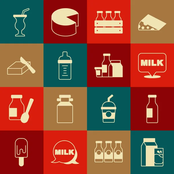 Set paket kertas untuk kefir, Botol dengan susu, surat, kotak kayu, botol bayi, mentega mentega mentega mentega mentega mentega mentega, susu kocok dan ikon produk. Vektor Grafik Vektor