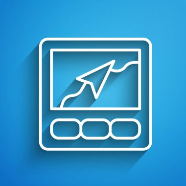 Mavi arkaplanda harita simgesine sahip beyaz çizgi GPS aygıtı. Uzun gölge. Vektör