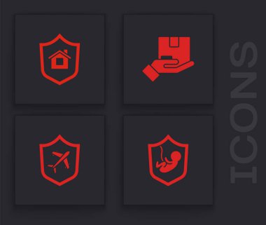 Yaşam sigortasını kalkanla, House 'la, teslimatla ve uçak ikonuyla yapın. Vektör