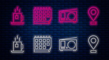 Takvimi ayarla, antenli radyo, çay poşeti ve konumu olan çay. Tuğla duvarda parlayan neon simgesi. Vektör
