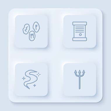 Büyü mührünü, fermanı, kağıdı, parşömeni, tomarı, sisi, dumanı ve Neptün Mızrağı 'nı belirleyin. Beyaz kare düğme. Vektör