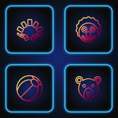 Çizgi Ayı kafası, plaj topu, kart tutan el ve palyaço. Renk simgeleri. Vektör