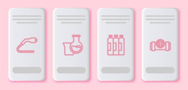 Elektrik kablosu şarjı, petrol test tüpü, endüstriyel gaz silindiri tankı, metal borular ve valf ayarlayın. Beyaz dikdörtgen düğme. Vektör