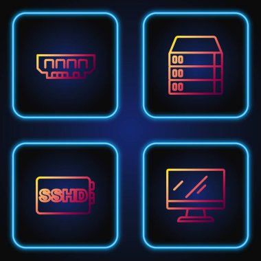 Satır bilgisayar monitörü, SSHD kartı, RAM, rastgele erişim belleği ve Sunucu, Data, Web Sunuculuğunu ayarla. Renk simgeleri. Vektör