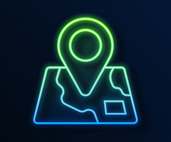 Linha de néon brilhante Mapa dobrado com ícone de marcador de localização isolado no fundo azul. Vetor — Vetor de Stock