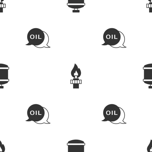 Conjunto tanque de gas propano, plataforma de aceite con fuego y aceite de Word en el patrón sin costuras. Vector — Archivo Imágenes Vectoriales