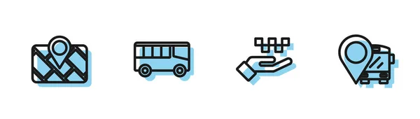 Definir linha Mão com táxi, mapa do dispositivo Gps, Ícone de ônibus e localização. Vetor — Vetor de Stock