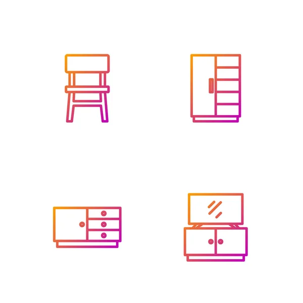 Set line TV table stand, Chest of drawers, Chair and Wardrobe. Gradient color icons. Vector — Stock Vector