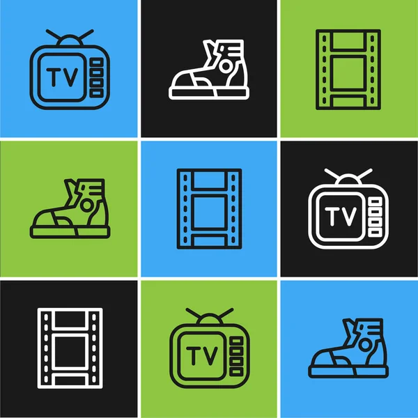 Set line Retro tv, Play Video and Sport sneakers icon. Vector — Stock Vector