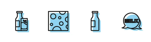 Set line Flasche mit Milch und Glas, Käse und Schriftzug Symbol. Vektor — Stockvektor