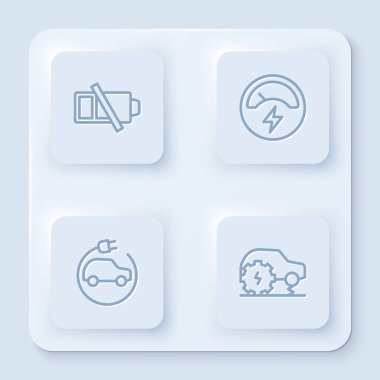 Düşük pil, voltmetre, elektrikli araba ve servis hattı ayarlayın. Beyaz kare düğme. Vektör